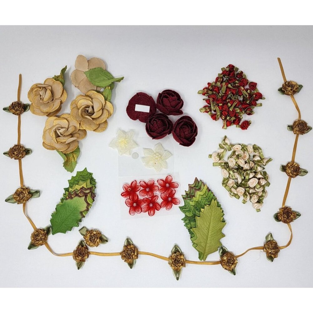 Mixed Floral Crafting Lot Embellishments Assortment Flowers Ribbon & Leaves